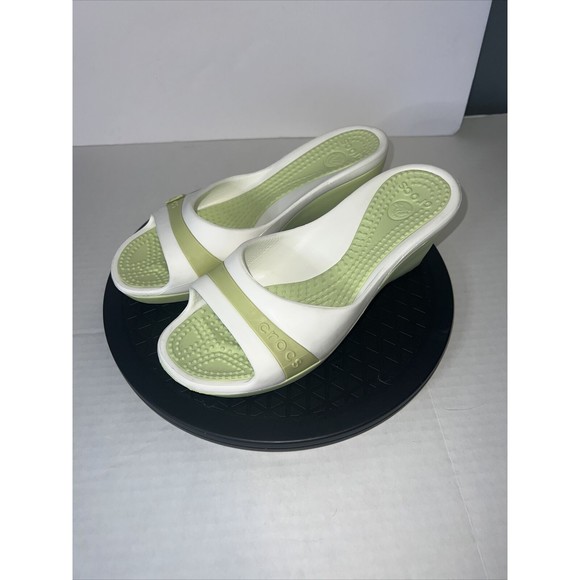 CROCS Shoes - CROCS-Sassari-Open Toe-Wedge Heel-Lime Green/White-Size 9-Flaws